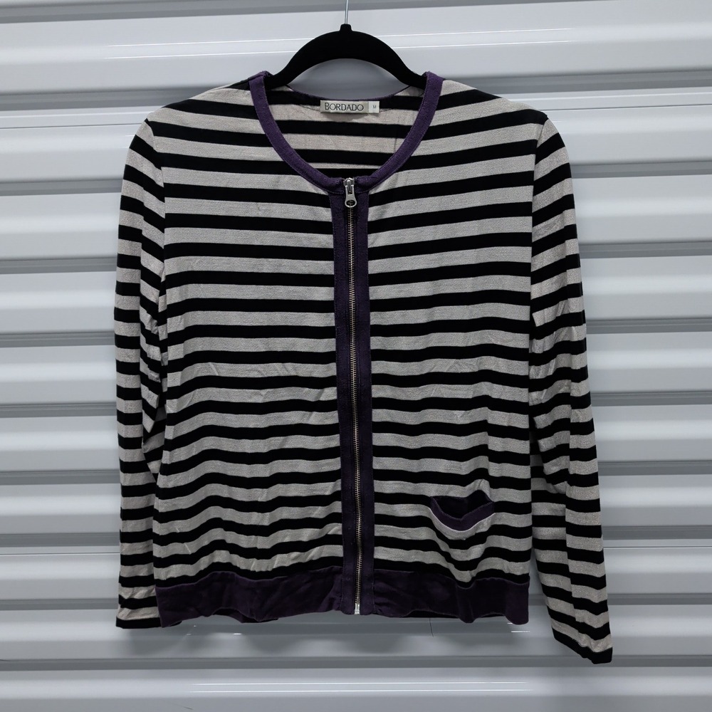 Bordado Full Zip Cardigan Sweater Size M Womens Black Beige Striped Pima Cotton‎